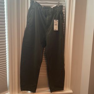 Zara dark olive baggy fit paper bag carrot leg pant